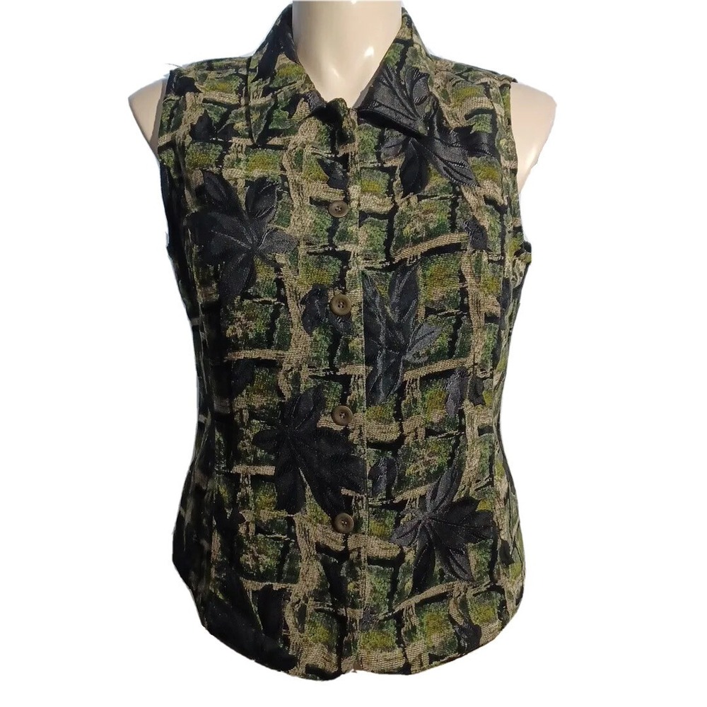 CHRISTOPHER BANKS Top XL Green Beige Black Leaves‎ Tapestry Vest Nature Print